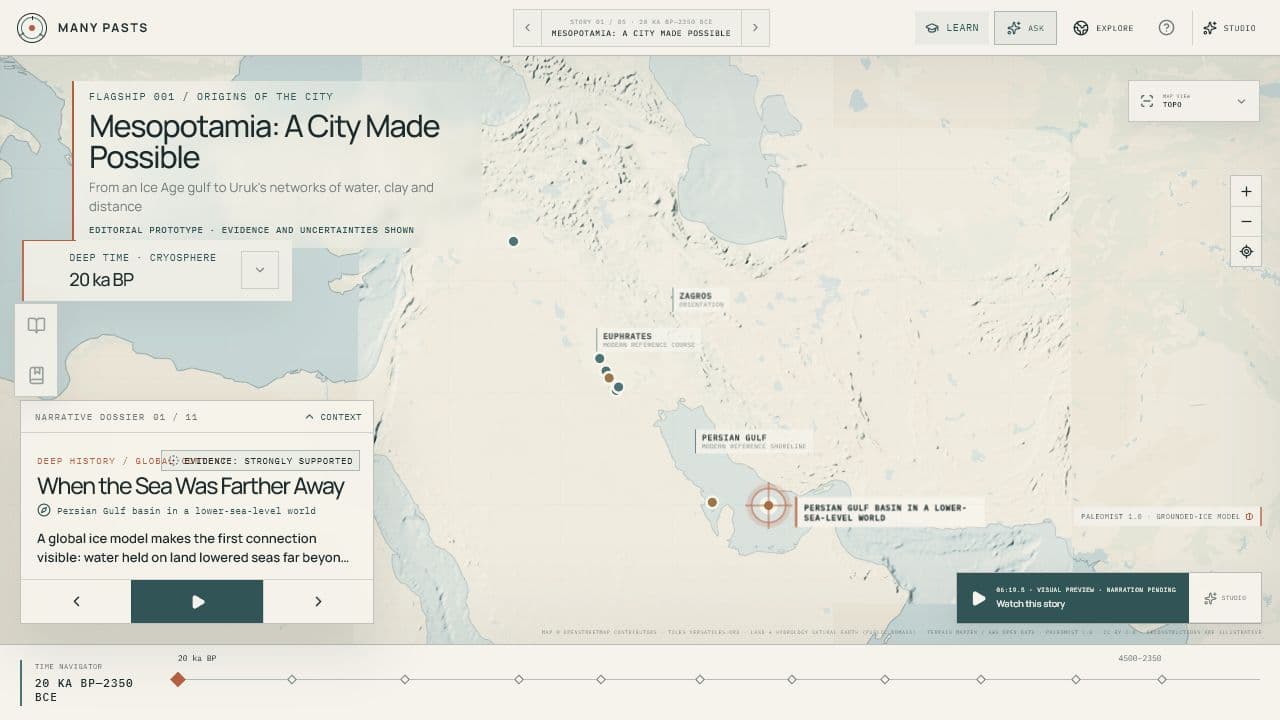 Many Pasts atlas showing the Mesopotamia journey, map, deep-time control, evidence dossier, and timeline